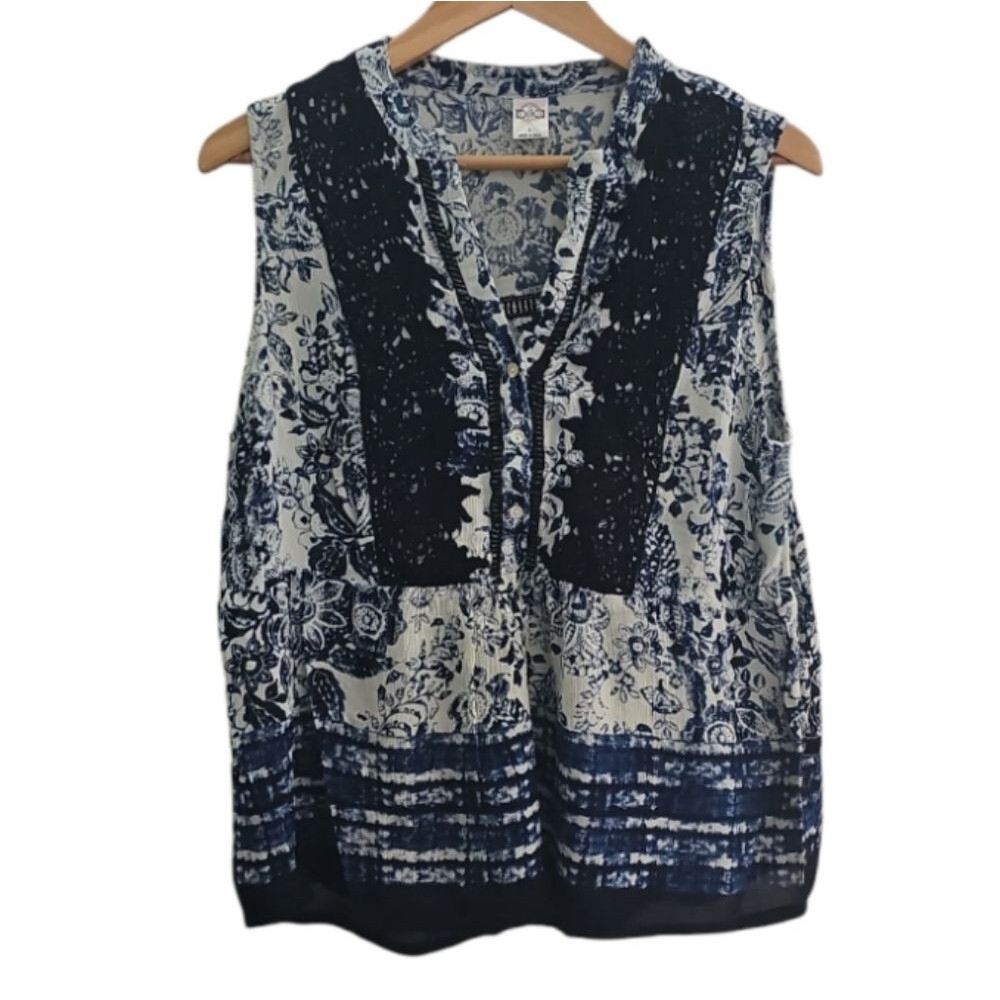 Bila Blue White Boho Tank Women’s L Indie Festival Crochet Lace Top Resortwear